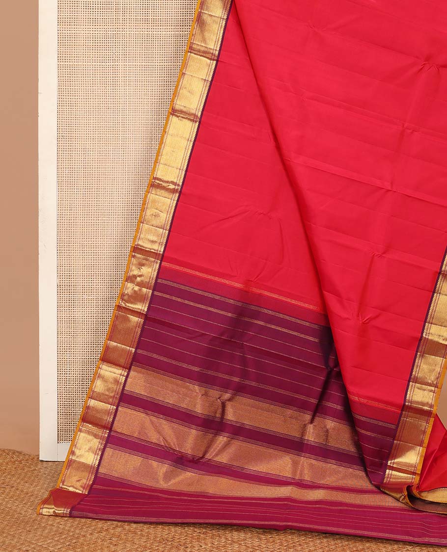 Red Plain Kanchipuram Silk Saree, Complemented by Contrast Border of Thilakam Mokku, Muthu, Neli, and Vanki Designs, Zari Designs Woven Pallu, and Paired with a Contrast Blouse