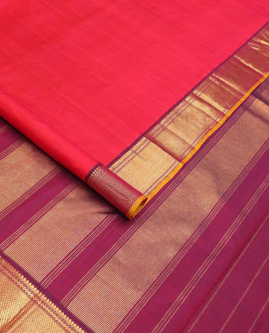 Red Plain Kanchipuram Silk Saree, Complemented by Contrast Border of Thilakam Mokku, Muthu, Neli, and Vanki Designs, Zari Designs Woven Pallu, and Paired with a Contrast Blouse