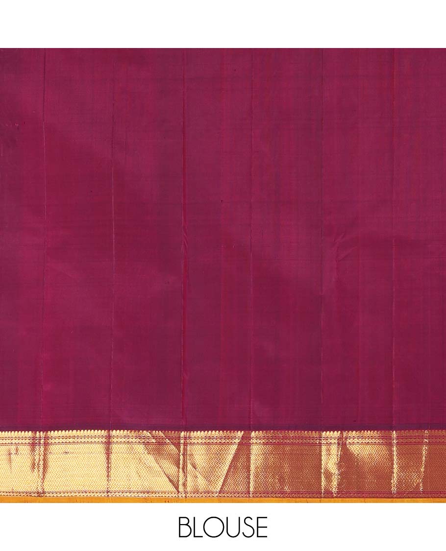 Red Plain Kanchipuram Silk Saree, Complemented by Contrast Border of Thilakam Mokku, Muthu, Neli, and Vanki Designs, Zari Designs Woven Pallu, and Paired with a Contrast Blouse