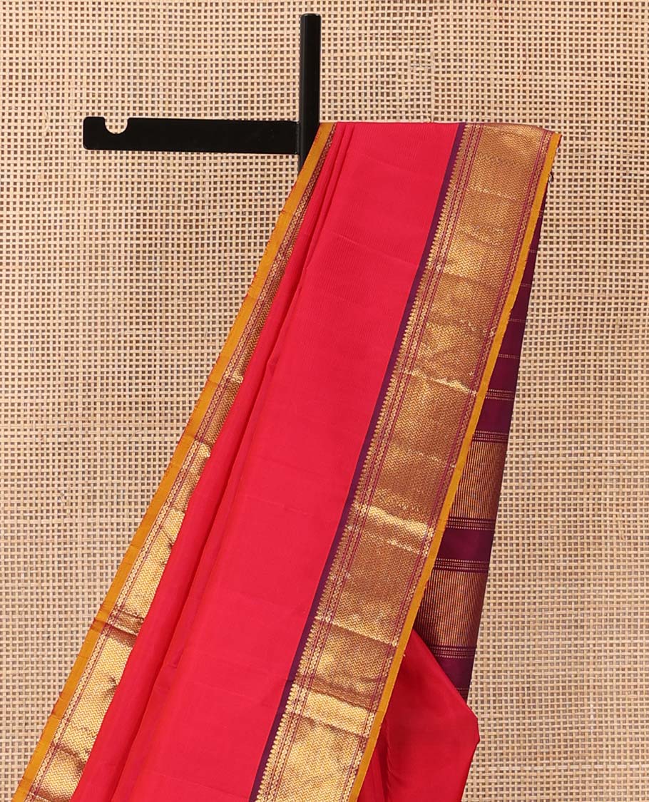 Red Plain Kanchipuram Silk Saree, Complemented by Contrast Border of Thilakam Mokku, Muthu, Neli, and Vanki Designs, Zari Designs Woven Pallu, and Paired with a Contrast Blouse