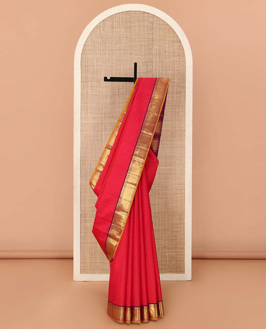 Red Plain Kanchipuram Silk Saree, Complemented by Contrast Border of Thilakam Mokku, Muthu, Neli, and Vanki Designs, Zari Designs Woven Pallu, and Paired with a Contrast Blouse