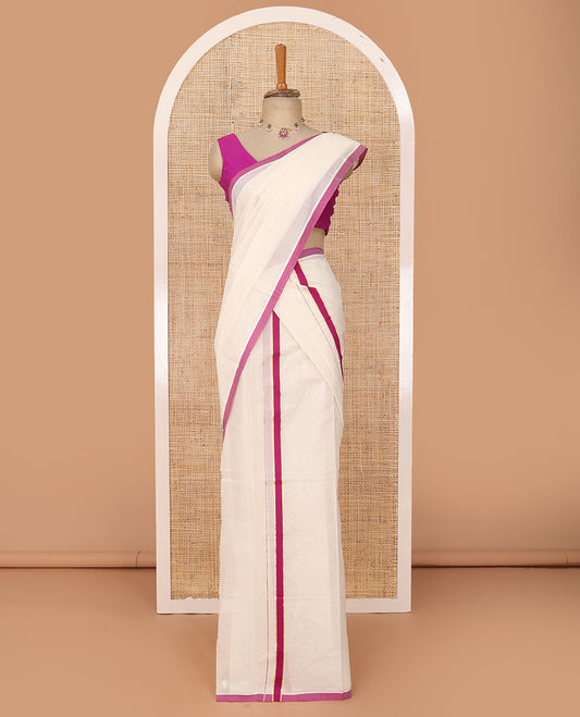 Cream plain Kerala mundu set with contrast pink border