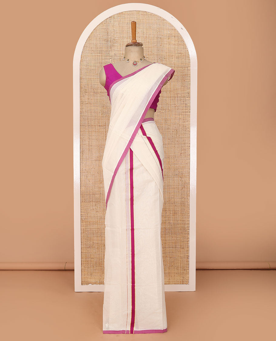 Cream plain Kerala mundu set with contrast pink border