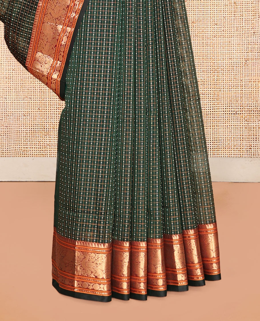 Green Buttas-Checks Kuppadam Silk Saree, a Contrast Traditional Border, Grand Pallu, a Matching Blouse