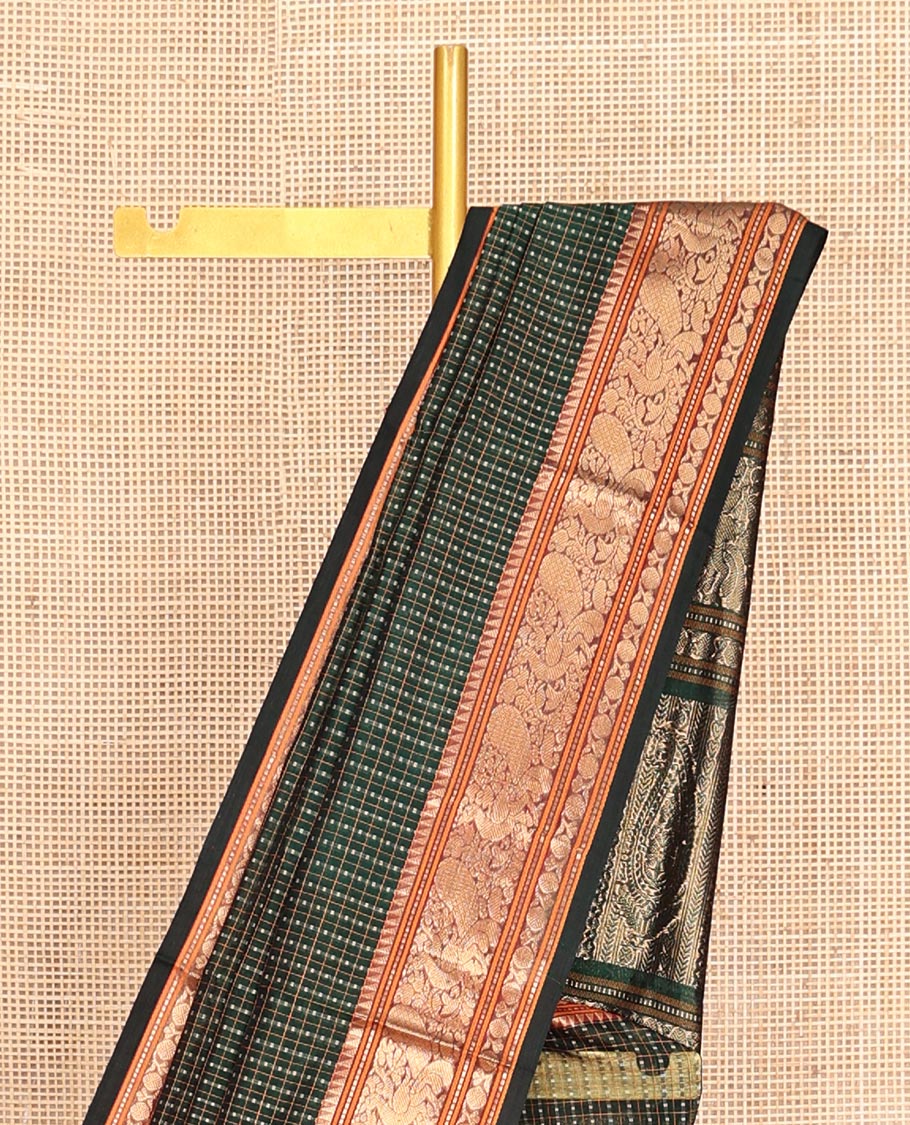 Green Buttas-Checks Kuppadam Silk Saree, a Contrast Traditional Border, Grand Pallu, a Matching Blouse