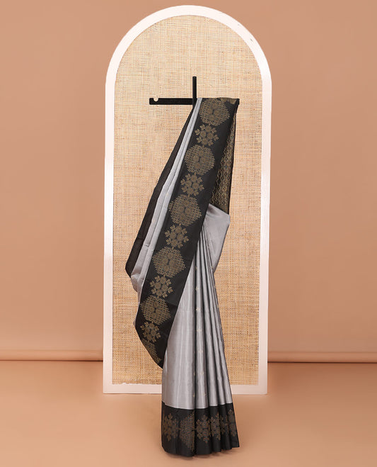 Grey zari buttas soft silk saree, contrast chakram motifs border & floral jaal pallu