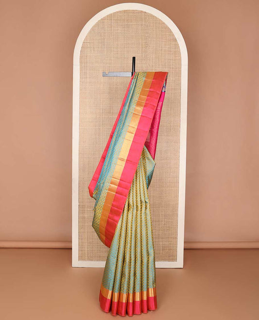 Mustard vanki design silk saree with contrast ara madam design border & ogee design pallu