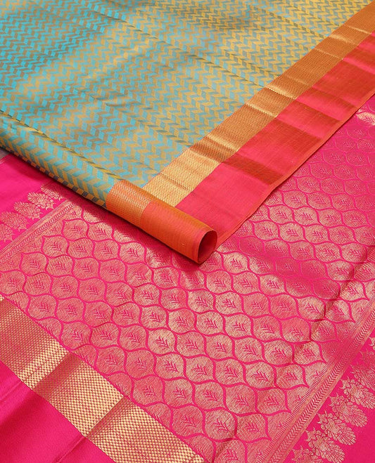 Mustard vanki design silk saree with contrast ara madam design border & ogee design pallu