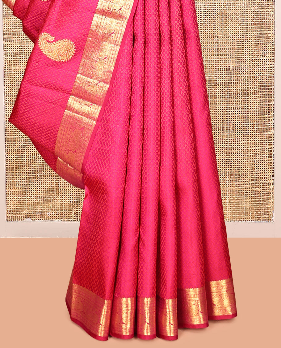 Pink Embossed-Manga Buttas Kanchipuram Silk Saree, a Mayil Border, Ara Maadam Pallu, Matching Blouse