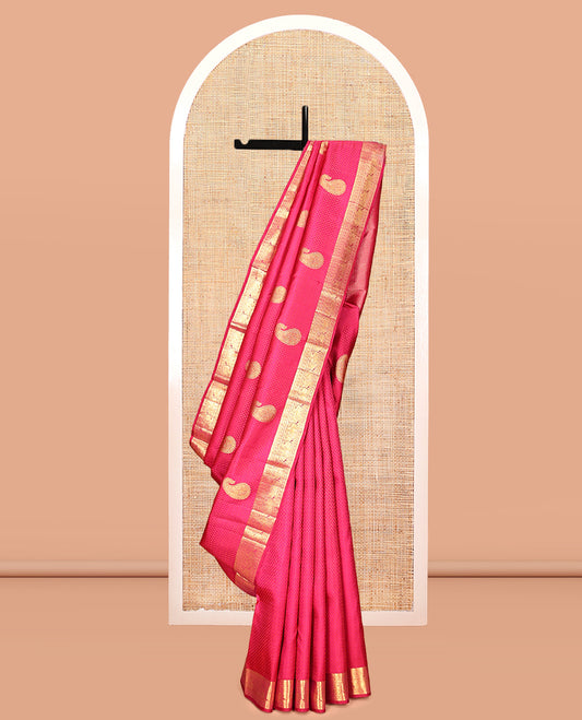 Pink Embossed-Manga Buttas Kanchipuram Silk Saree, a Mayil Border, Ara Maadam Pallu, Matching Blouse