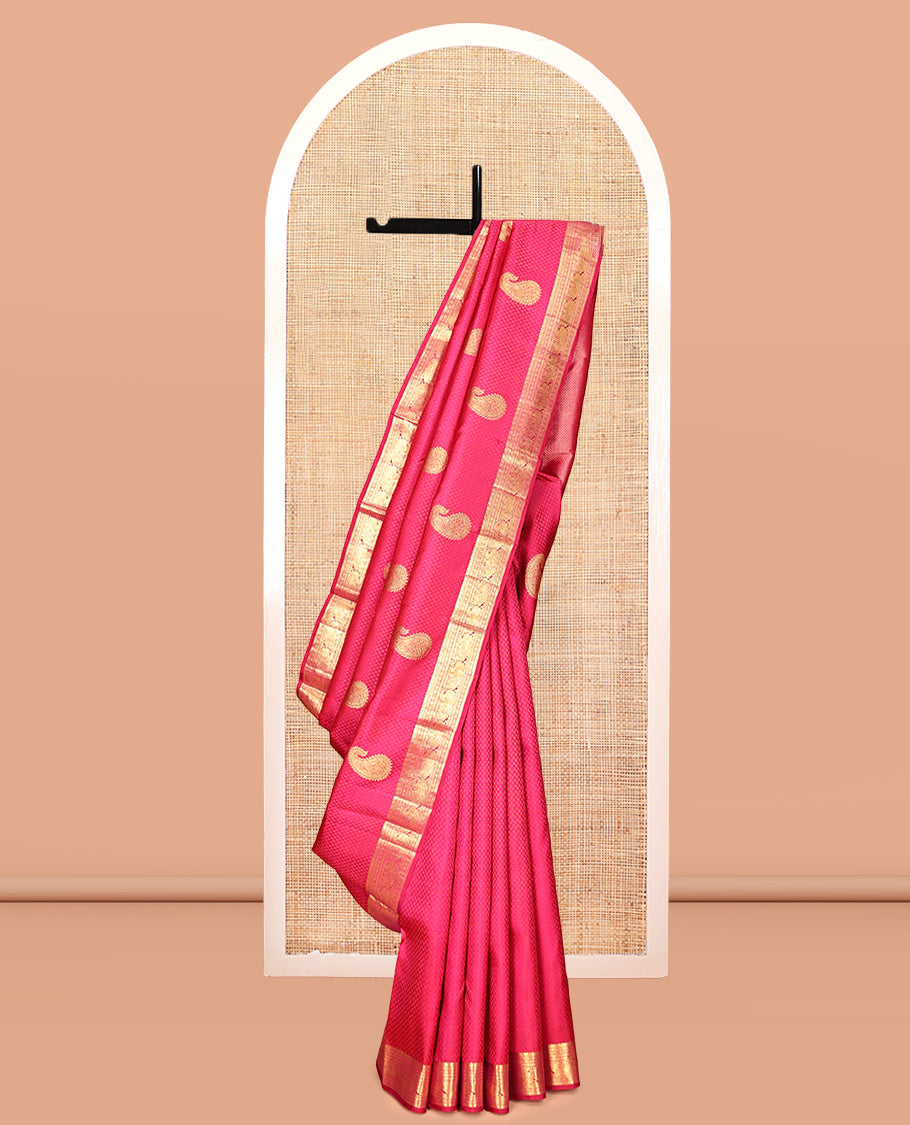 Pink Embossed-Manga Buttas Kanchipuram Silk Saree, a Mayil Border, Ara Maadam Pallu, Matching Blouse