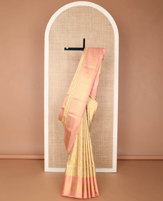 Sandal floral design soft silk saree with contrast zari design border & floral design pallu