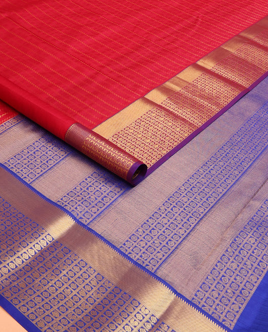 Red Vasundhara Lite Silk Mix Saree Decked with Neli Stripes, Contrast Border of Rekku and Butta Enclosed Checks, Pallu Mirrors Butta Enclosed Checks, and a Contrast Blouse