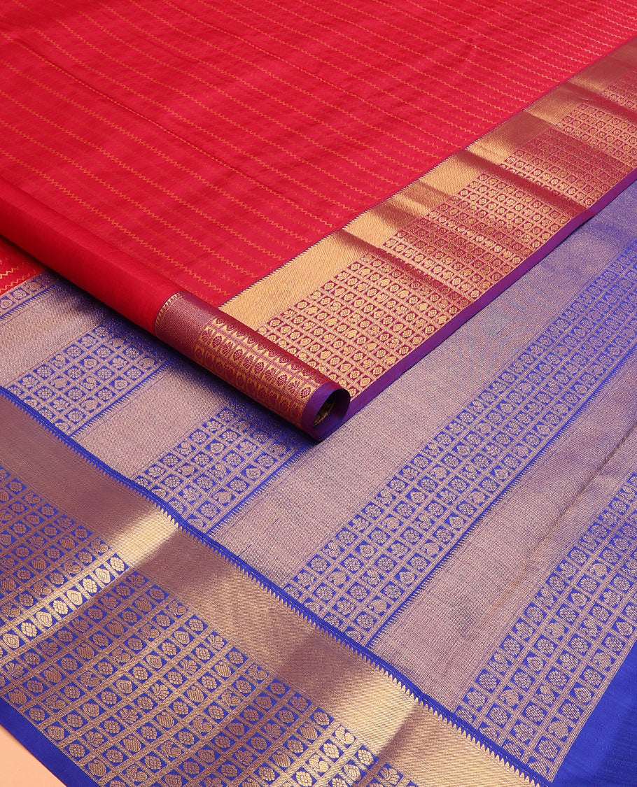 Red Vasundhara Lite Silk Mix Saree Decked with Neli Stripes, Contrast Border of Rekku and Butta Enclosed Checks, Pallu Mirrors Butta Enclosed Checks, and a Contrast Blouse
