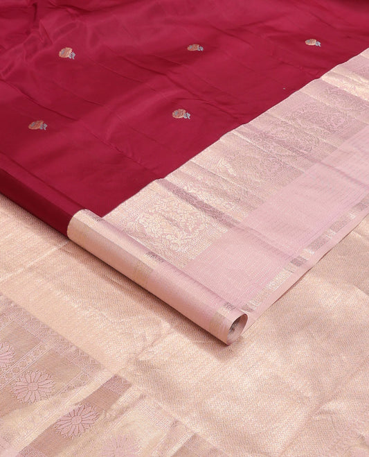 Maroon zari buttas silk saree, contrast traditional zari design border & pallu of jaal designs