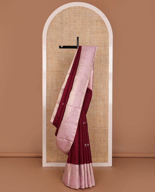 Maroon zari buttas silk saree, contrast traditional zari design border & pallu of jaal designs