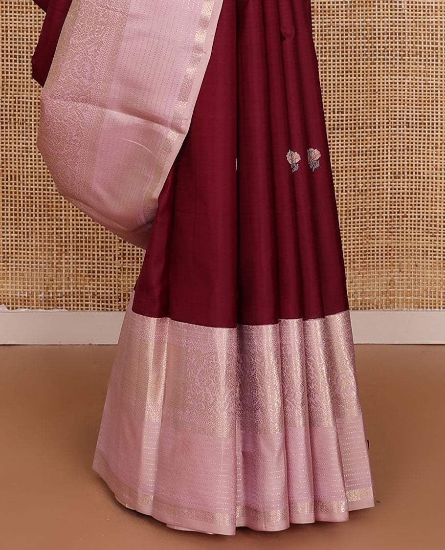 Maroon zari buttas silk saree, contrast traditional zari design border & pallu of jaal designs