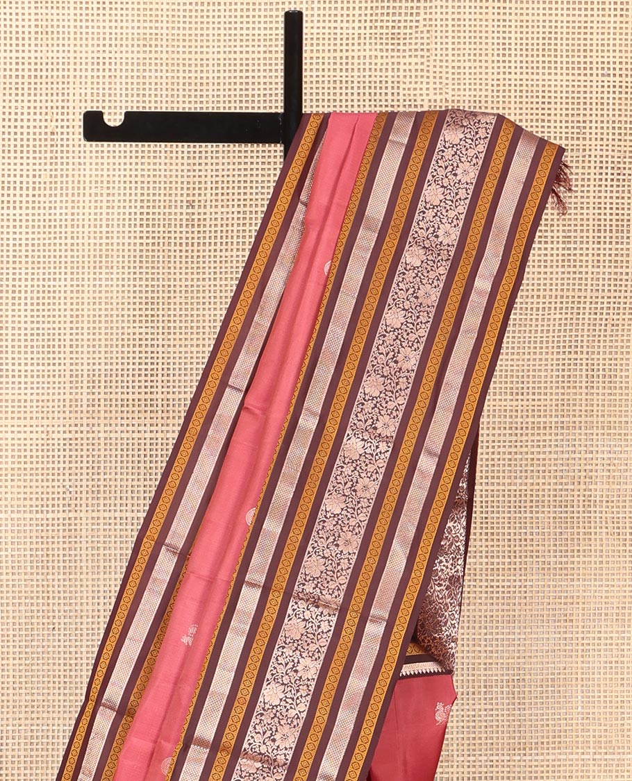 Pink Vasundhara Silk Saree, Embellished with Mayil and Chakram Buttas All Over Its Body, Complemented by a Contrast Border of Thilakam, Neli, Laddu Kamalam, and Kodi Visiry Designs, Grand Pallu of Butta Enclosed Checks, and Paired with a Contrast Blouse