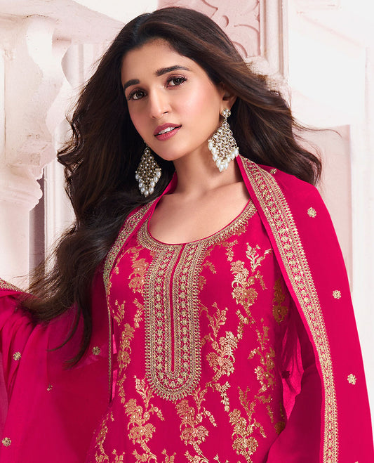 Pink dress material catalouge floral embroidery top with plain bottom & floral embroidey dupatta