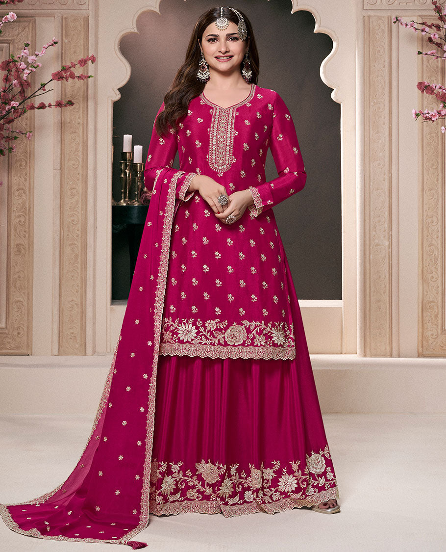 Red dress material catalouge floral thread embroidery top with embroidery palazzo pants & floral embroidery scallop border dupatta