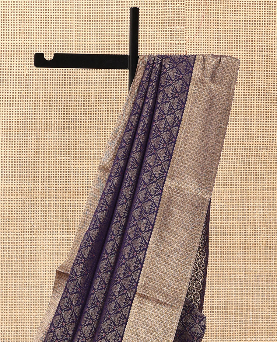 Blue jacquard satin silk saree, zari jaal patterned border, and intricate pallu