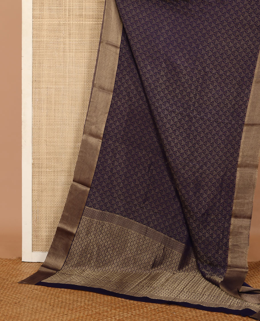 Blue jacquard satin silk saree, zari jaal patterned border, and intricate pallu