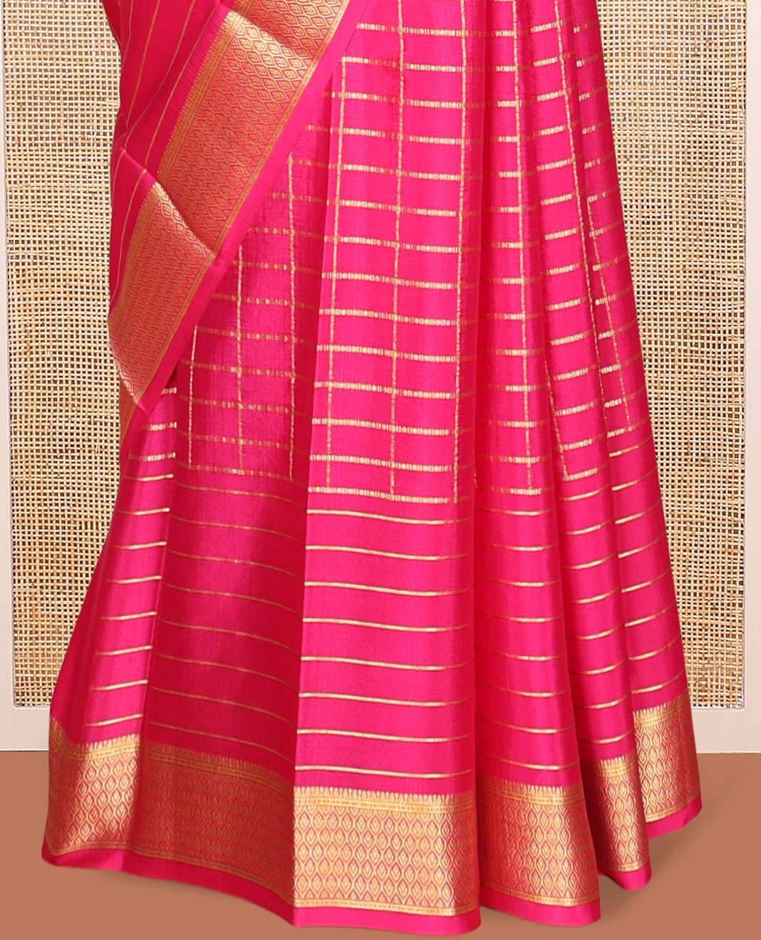 Red Mysore Silk Saree, Majestically Detailed with Zari Checks and Zari Buttas, a Zari Border, Grandly Decked Up Pallu, and a Matching Blouse