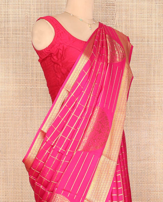 Red Mysore Silk Saree, Majestically Detailed with Zari Checks and Zari Buttas, a Zari Border, Grandly Decked Up Pallu, and a Matching Blouse
