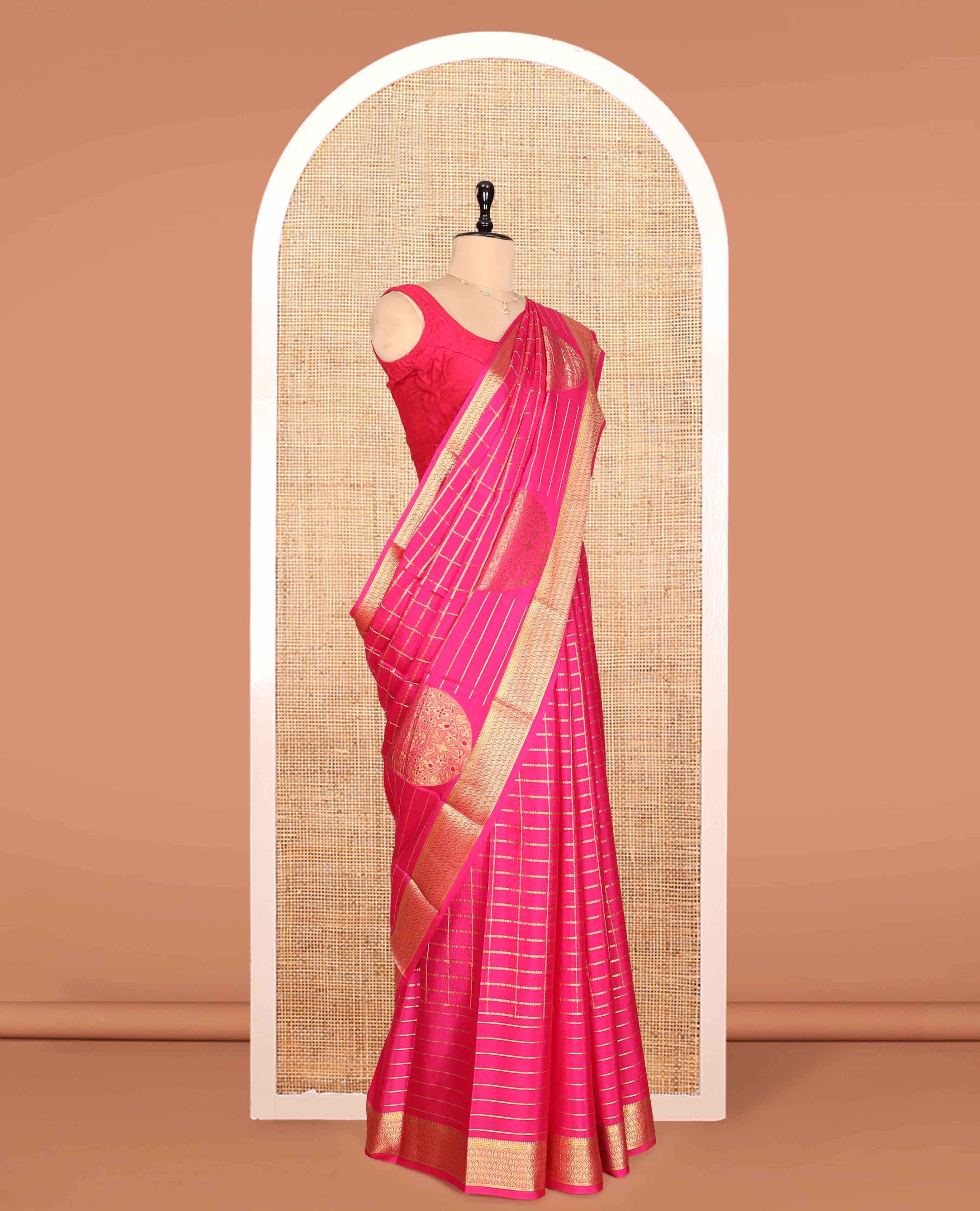Red Mysore Silk Saree, Majestically Detailed with Zari Checks and Zari Buttas, a Zari Border, Grandly Decked Up Pallu, and a Matching Blouse