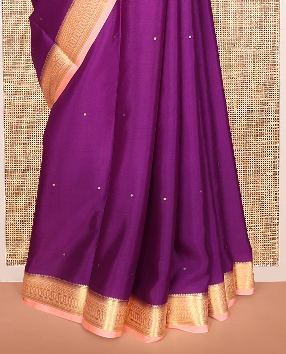 Purple Mysore Silk Saree, Adorned with Buttas, Complemented by a Contrast Traditional Zari Border, Zari Design Pallu, and a Contrast Blouse
