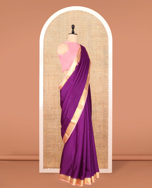 Purple Mysore Silk Saree, Adorned with Buttas, Complemented by a Contrast Traditional Zari Border, Zari Design Pallu, and a Contrast Blouse