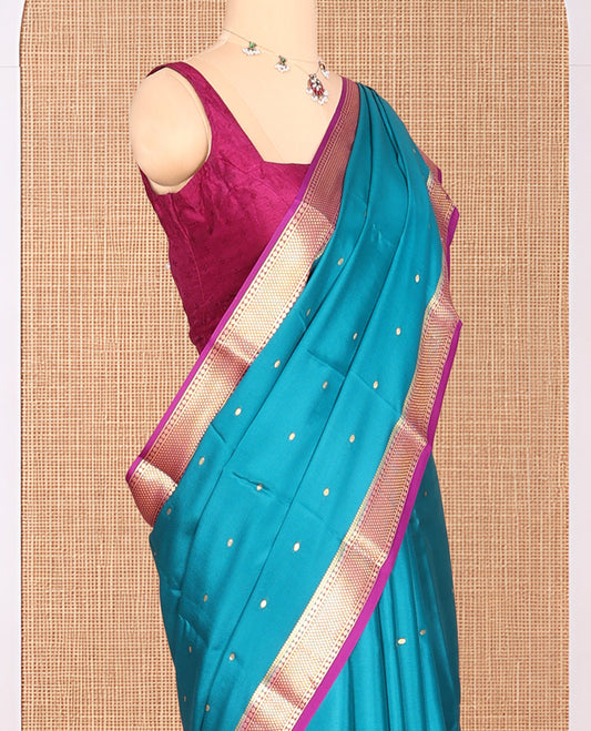 Blue Zari Buttas Mysore Silk Saree, Complemented by a Contrast Traditional Zari Border, Zari Design Pallu, and a Contrast Blouse