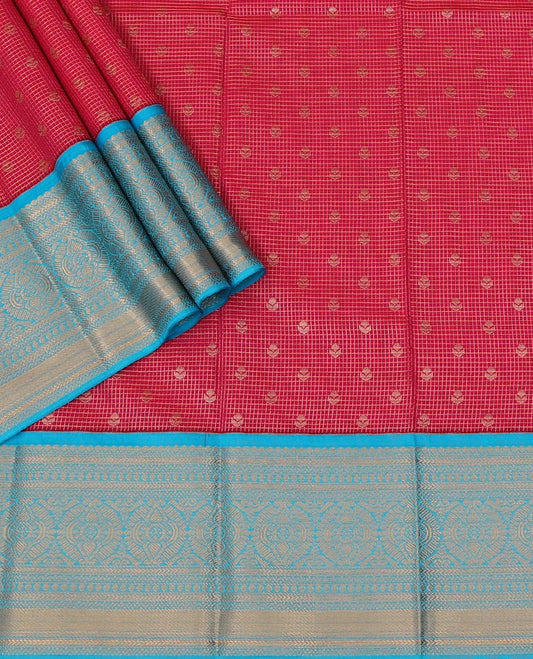 Red Art Silk Pavadai Material Set, Embellished with Zari Buttas and Checks Skirt, Complemented by a Contrast Traditional Zari Motifs Woven Border, and Paired with a Contrast Blouse