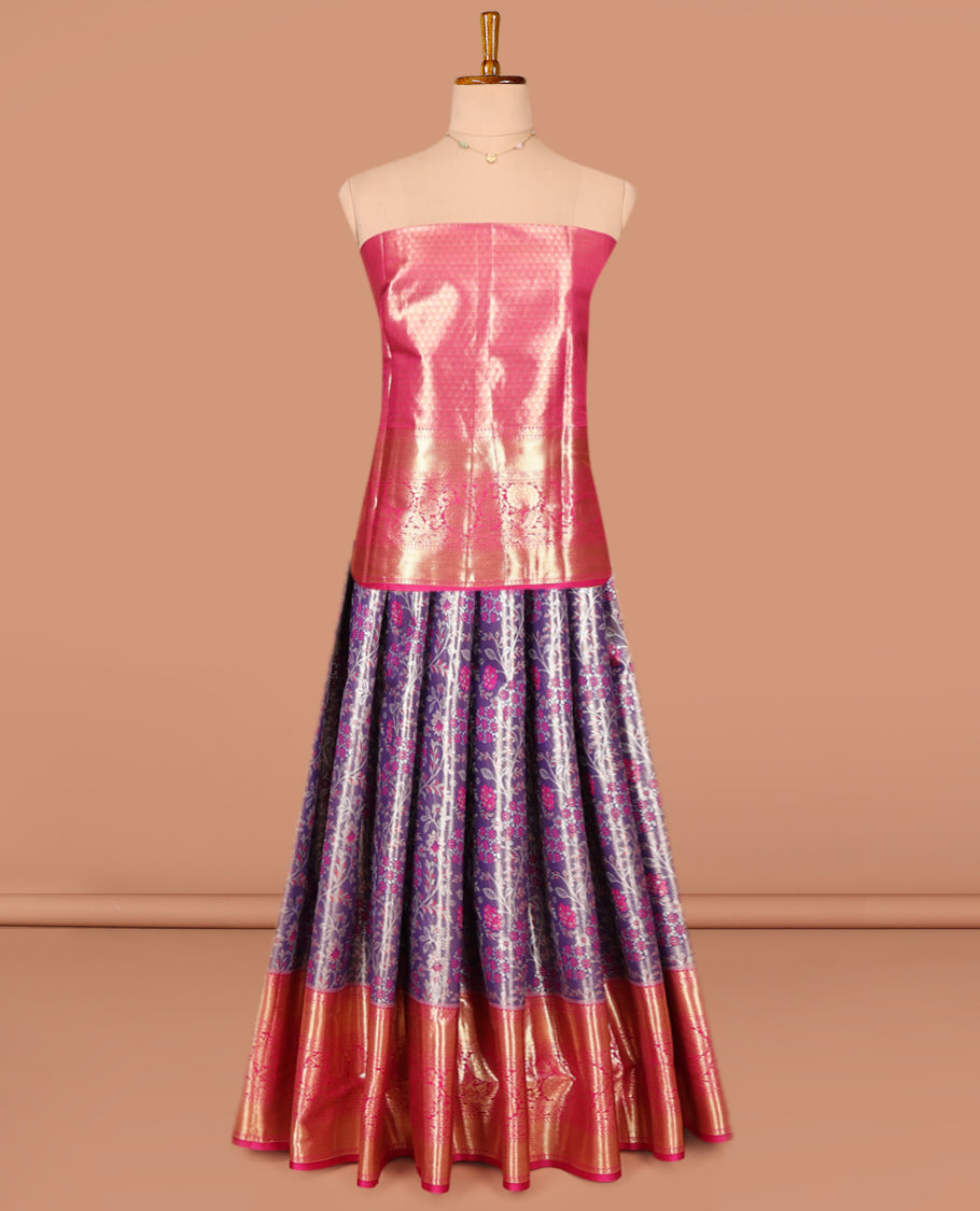 Lavender Art Silk Pavadai Material Set, Artfully Detailed with Floral Jaal Jacquard Design on Its Skirt, Complemented by a Contrast Traditional Zari Designs Woven Border, and Paired with a Contrast Jacquard Blouse