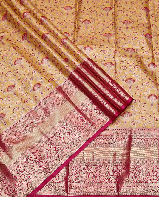 Yellow Art Silk Half-Saree, Embellished with Jacquard Design, Contrast Traditional Zari Border, Paired with a Contrast Jacquard Blouse, and an Intricate Dhavani