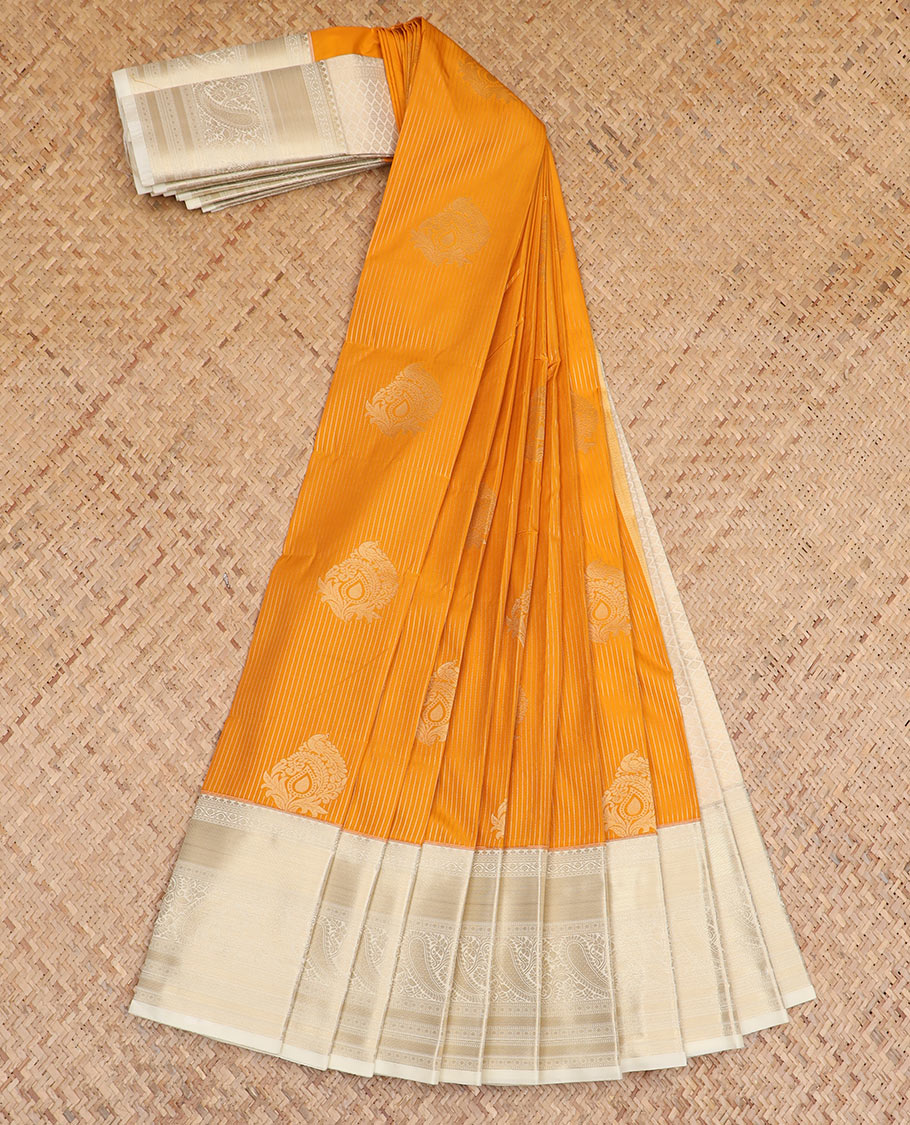 Yellow zari buttas budget silk saree, contrast traditional zari border, and jaal pallu