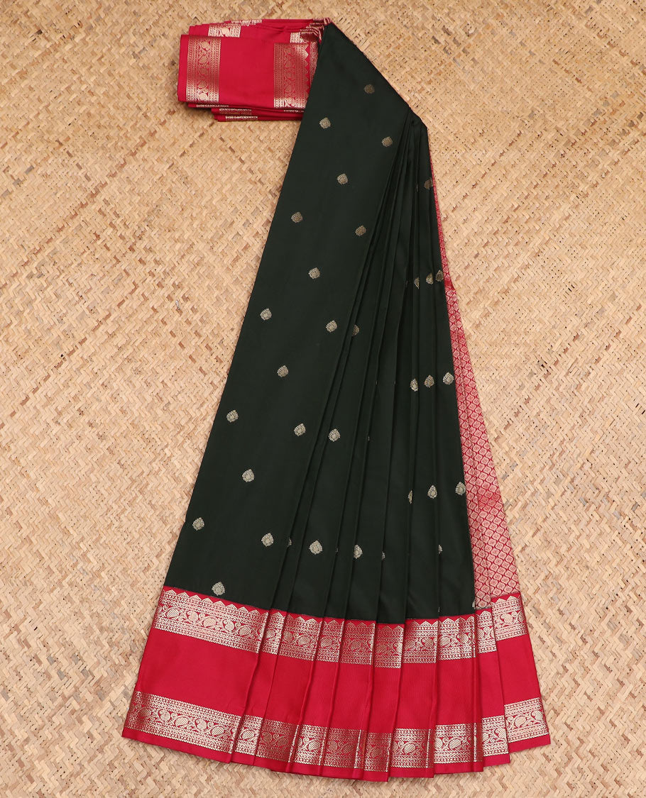 Black zari buttas budget silk saree, contrast traditional zari rettai pettu border, and pallu of jaal design