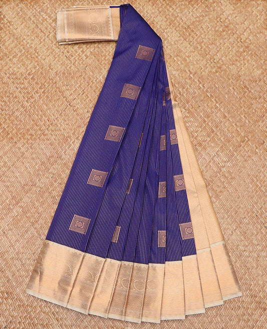 Blue Budget Silk Saree Decked Up with Zari Buttas and Zari Stripes, Complemented by a Contrast Traditional Zari Design Border, Subtly Designed Jaal Pallu, and Paired with a Contrast Blouse