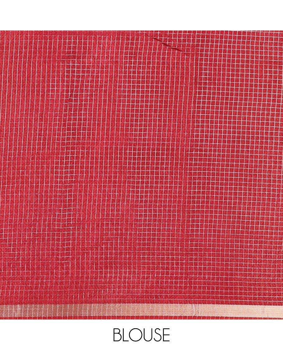 Red Assam Silk Saree Subtly Sparkled with Micro-Checks and Kalamkari Floral Prints, Featuring a Simple Piping Border, a Pallu Woven with Zari Stripes, Paired with a Matching Checked Blouse