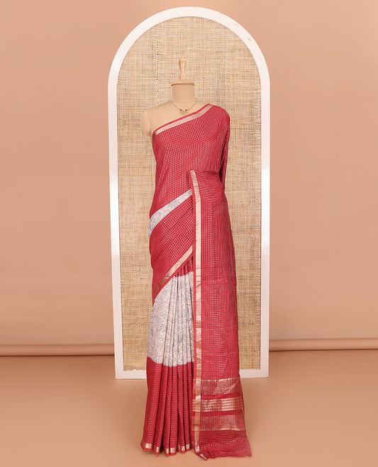 Red Assam Silk Saree Subtly Sparkled with Micro-Checks and Kalamkari Floral Prints, Featuring a Simple Piping Border, a Pallu Woven with Zari Stripes, Paired with a Matching Checked Blouse