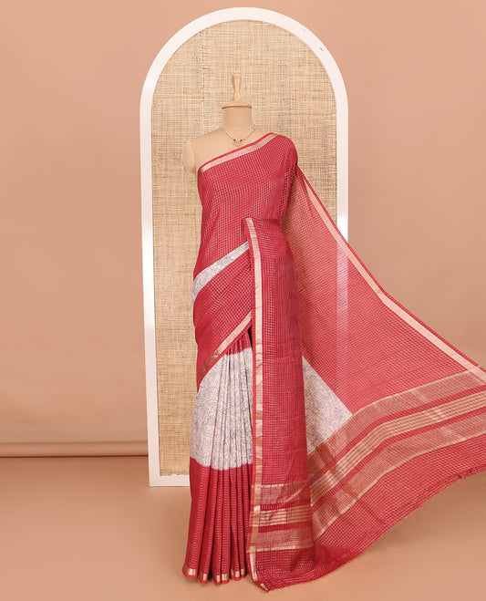 Red Assam Silk Saree Subtly Sparkled with Micro-Checks and Kalamkari Floral Prints, Featuring a Simple Piping Border, a Pallu Woven with Zari Stripes, Paired with a Matching Checked Blouse