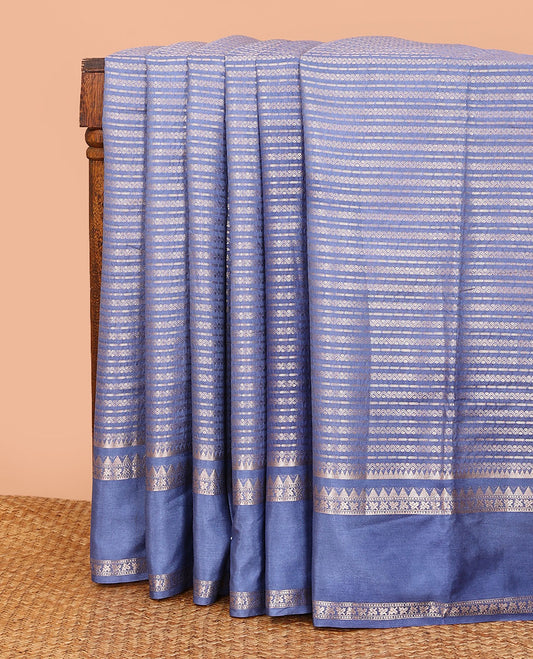 Blue zig-zag stripes with polka dots zari woven assam silk saree, traditional motifs woven double border, and zari design pallu
