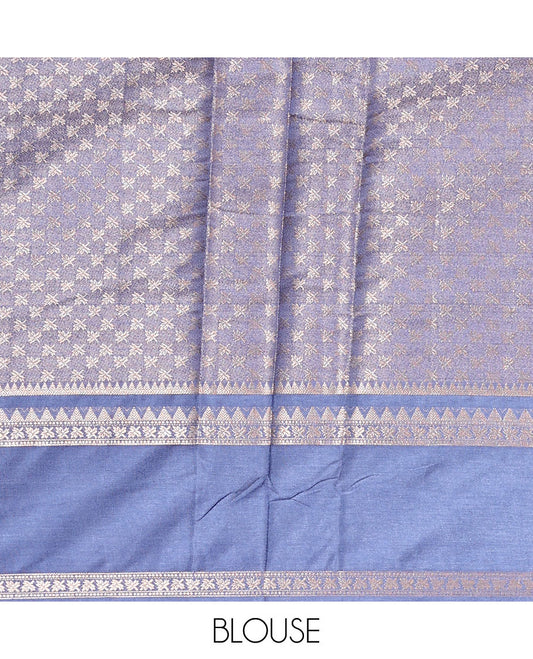 Blue zig-zag stripes with polka dots zari woven assam silk saree, traditional motifs woven double border, and zari design pallu