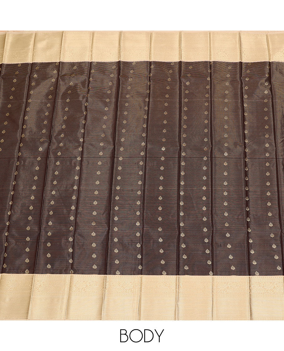 Brown zari design budget silk saree, contrast traditional zari border, and pallu of jaal design