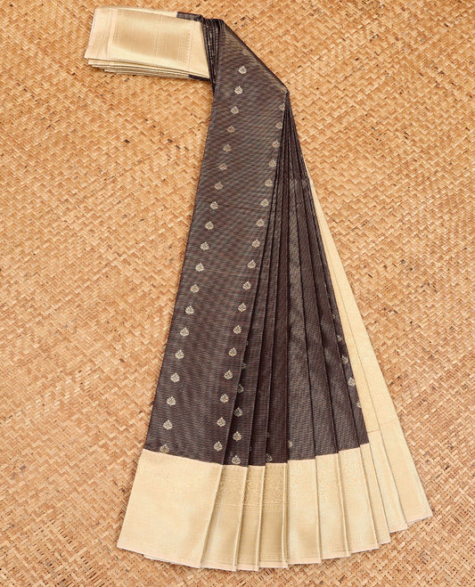Brown zari design budget silk saree, contrast traditional zari border, and pallu of jaal design