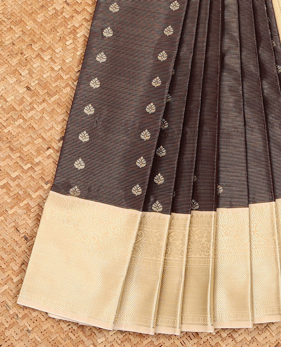 Brown zari design budget silk saree, contrast traditional zari border, and pallu of jaal design