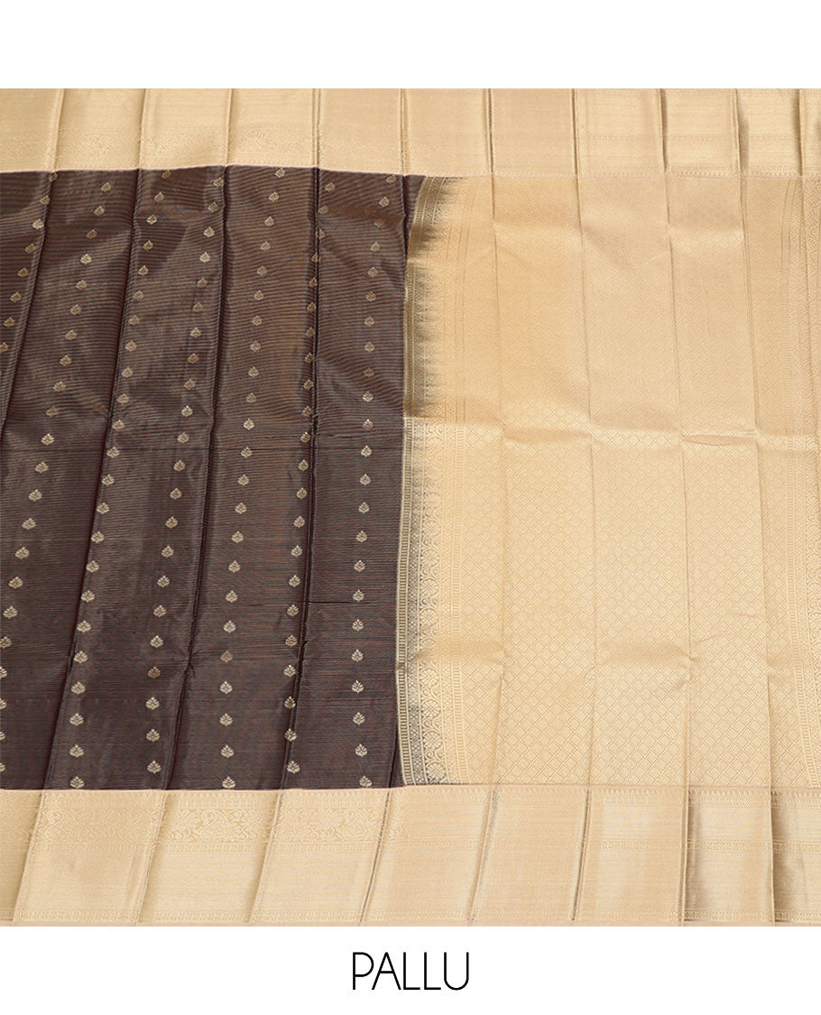 Brown zari design budget silk saree, contrast traditional zari border, and pallu of jaal design