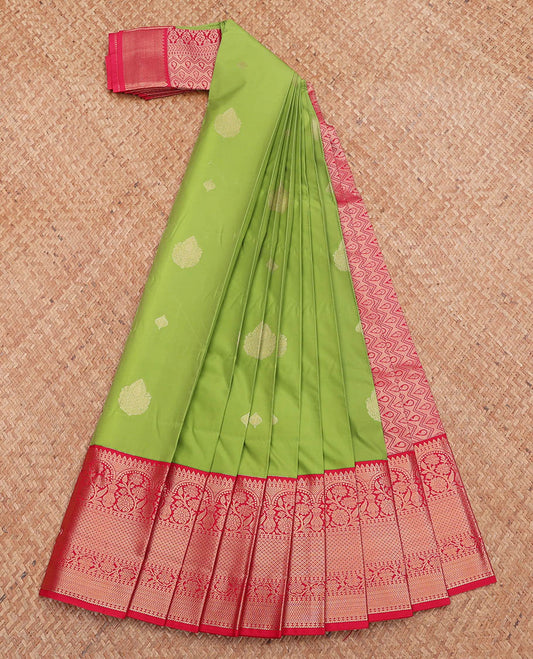 Parrot Green Budget Silk Saree, Elevated with Zari Buttas, Complemented by a Contrast Traditional Zari Border, Grand Pallu, and a Contrast Blouse