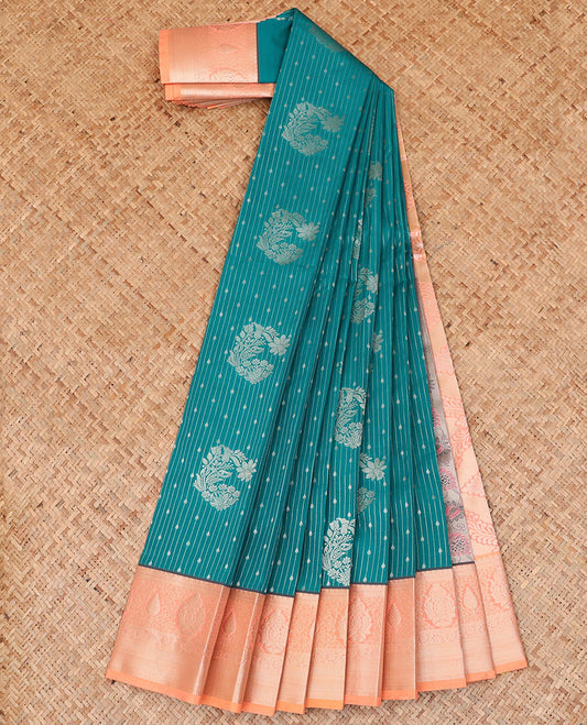 Blue striped and floral motifs budget silk saree, contrast traditional zari border of thilakam motifs, and intricate pallu