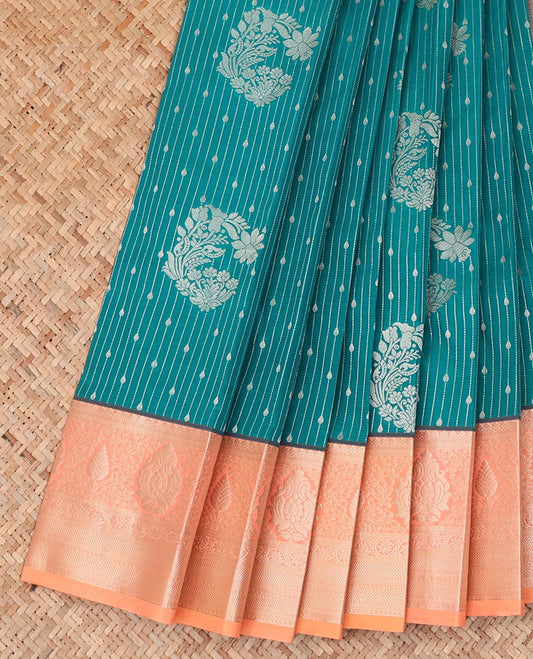 Blue striped and floral motifs budget silk saree, contrast traditional zari border of thilakam motifs, and intricate pallu